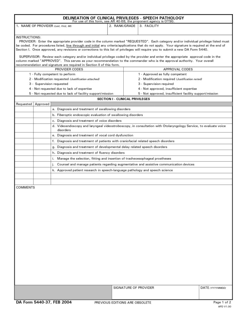 DA FORM 5440-37 - Delineation Of Clinical Privileges - Speech Pathology_page-0001