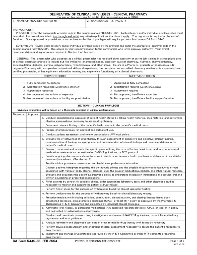 DA FORM 5440-38 - Delineation Of Clinical Privileges - Clinical Pharmacy_page-0001