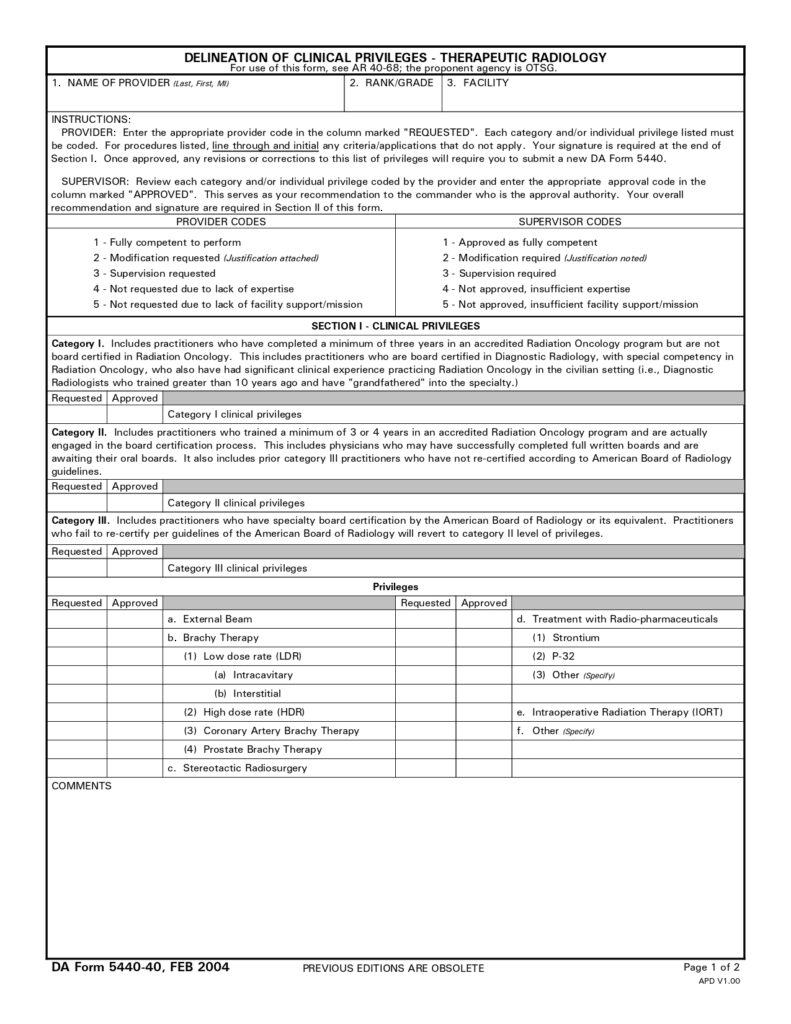 DA FORM 5440-40 - Delineation Of Clinical Privileges - Therapeutic Radiology_page-0001