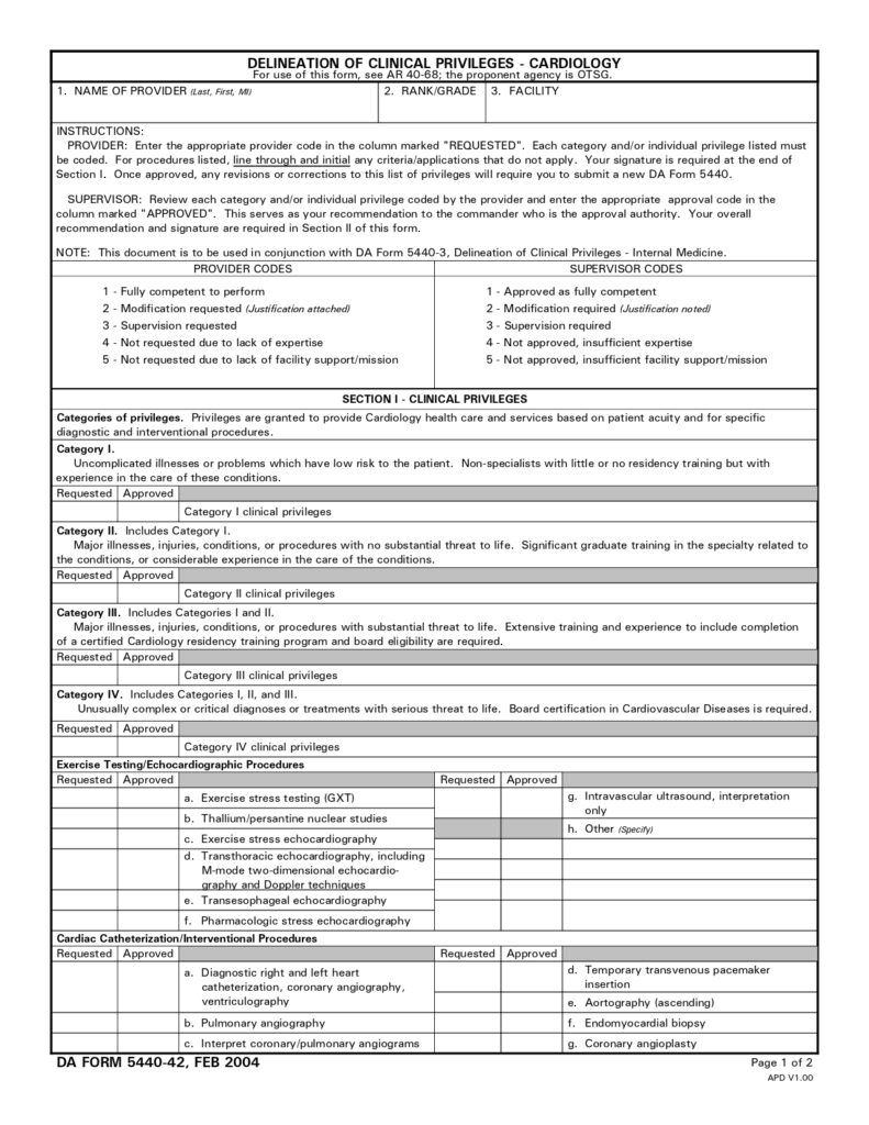 DA FORM 5440-42 - Delineation Of Clinical Privileges - Cardiology_page-0001