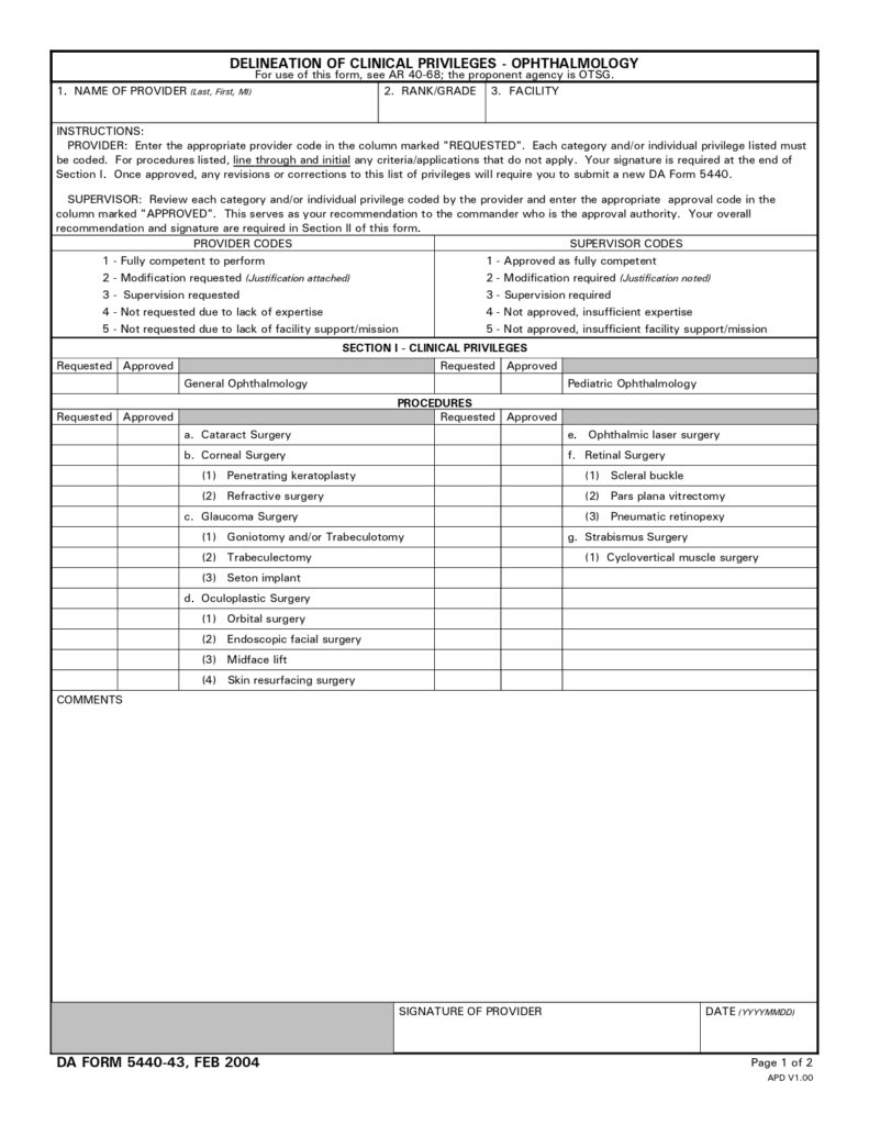 DA FORM 5440-43 - Delineation Of Clinical Privileges - Ophthalmology_page-0001
