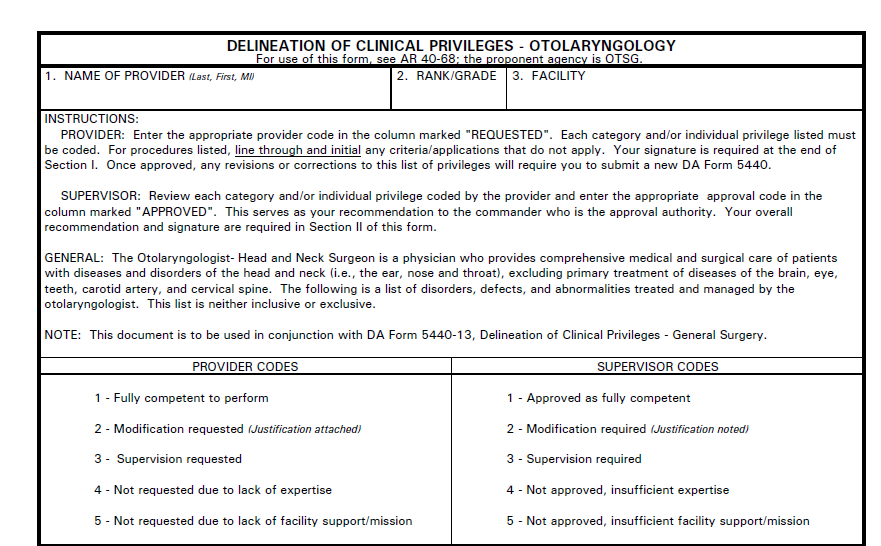 DA FORM 5440-44 - Delineation Of Clinical Privileges - Otolaryngology