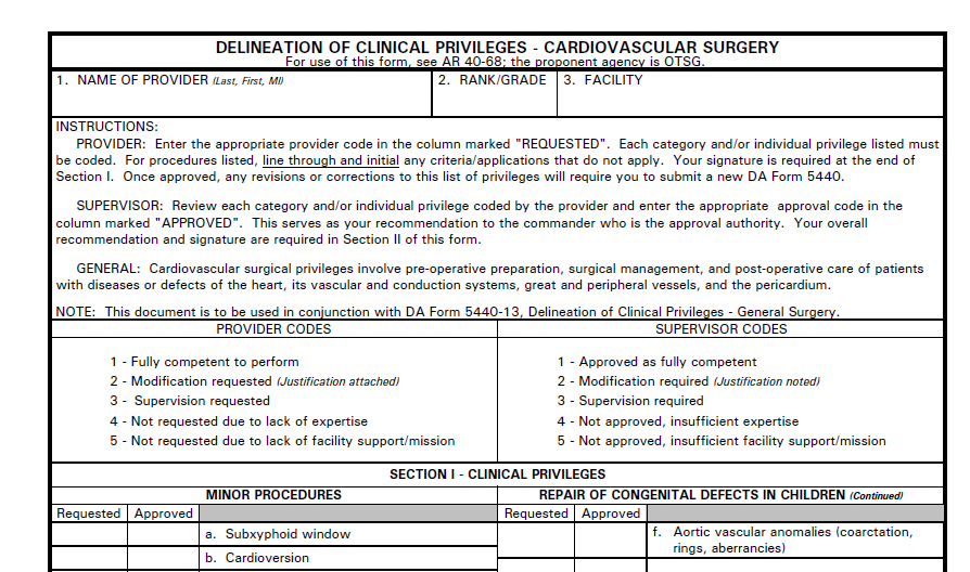 DA FORM 5440-45 - Delineation Of Clinical Privileges - Cardiovascular Surgery