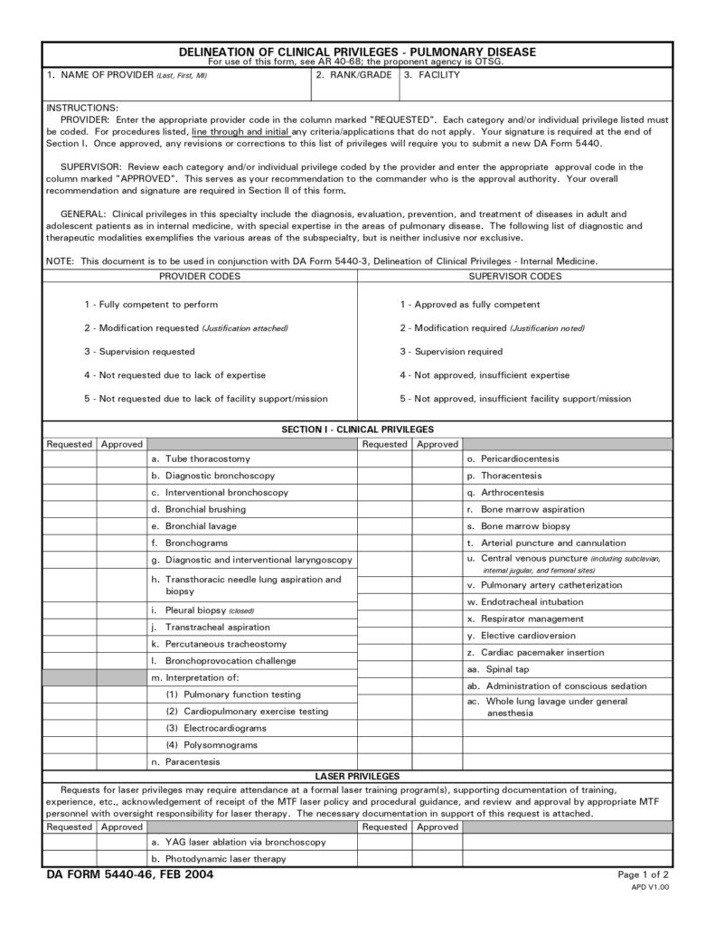 DA FORM 5440-46 - Delineation Of Clinical Privileges - Pulmonary Disease_page-0001