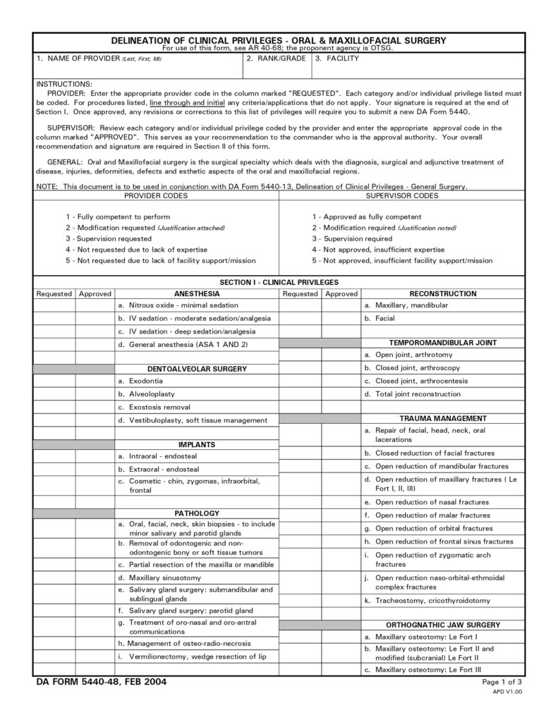 DA FORM 5440-48 - Delineation Of Clinical Privileges - Oral & Maxillofacial Surgery_page-0001