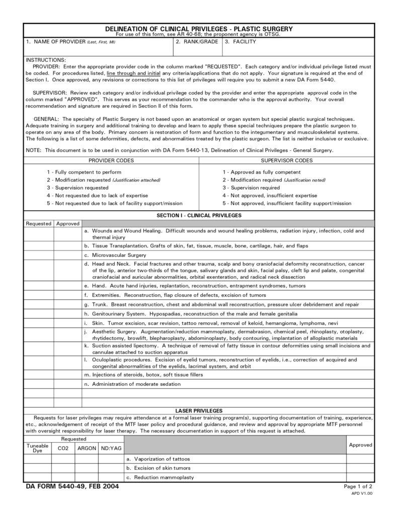 DA FORM 5440-49 - Delineation Of Clinical Privileges - Plastic Surgery_page-0001