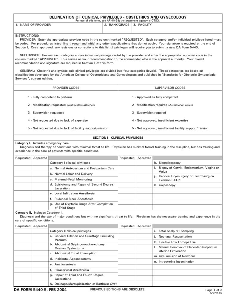 DA FORM 5440-5 - Delineation Of Clinical Privileges-Obstetrics And Gynecology_page-0001