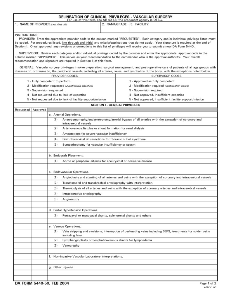 DA FORM 5440-50 - Delineation Of Clinical Privileges - Vascular Surgery_page-0001