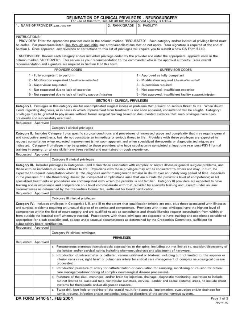DA FORM 5440-51 - Delineation Of Clinical Privileges - Neurosurgery_page-0001