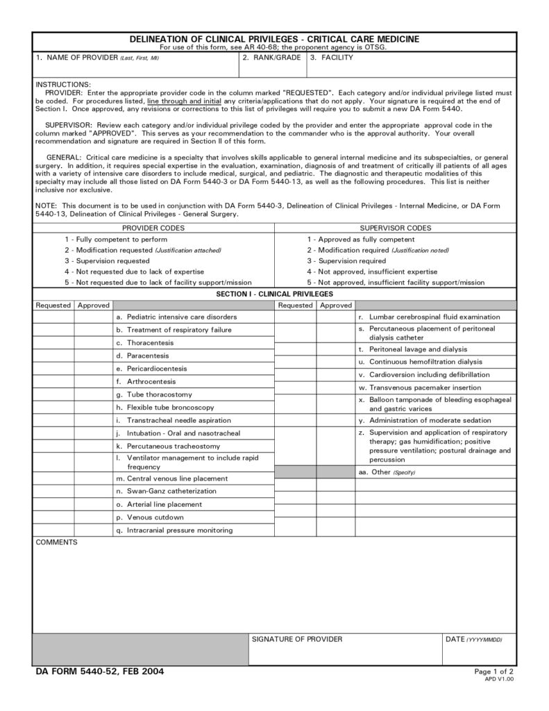 DA FORM 5440-52 - Delineation Of Clinical Privileges - Critical Care Medicine_page-0001