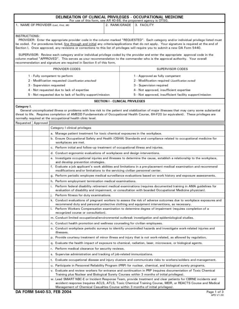 DA FORM 5440-53 - Delineation Of Clinical Privileges - Occupational Medicine_page-0001