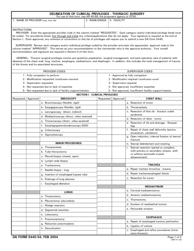 DA FORM 5440-54 - Delineation Of Clinical Privileges - Thoracic Surgery_page-0001