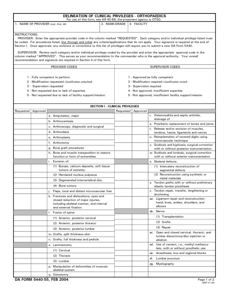 DA FORM 5440-55 - Delineation Of Clinical Privileges - Orthopaedics_page-0001