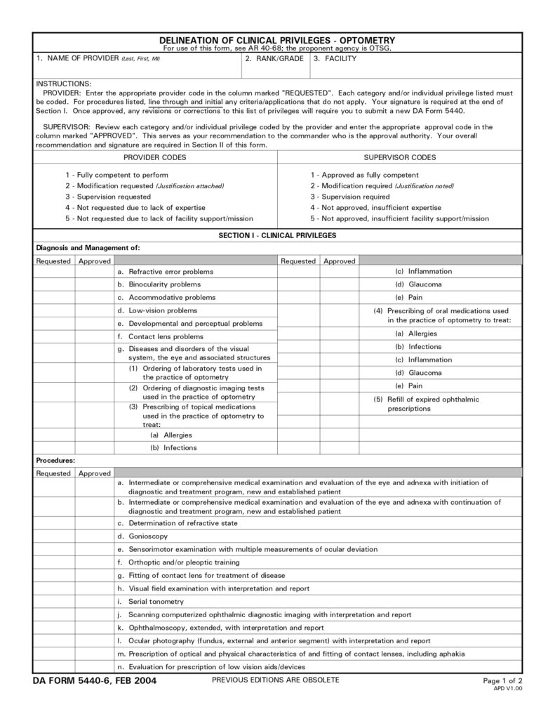 DA FORM 5440-6 - Delineation Of Clinical Privileges-Optometry Service_page-0001