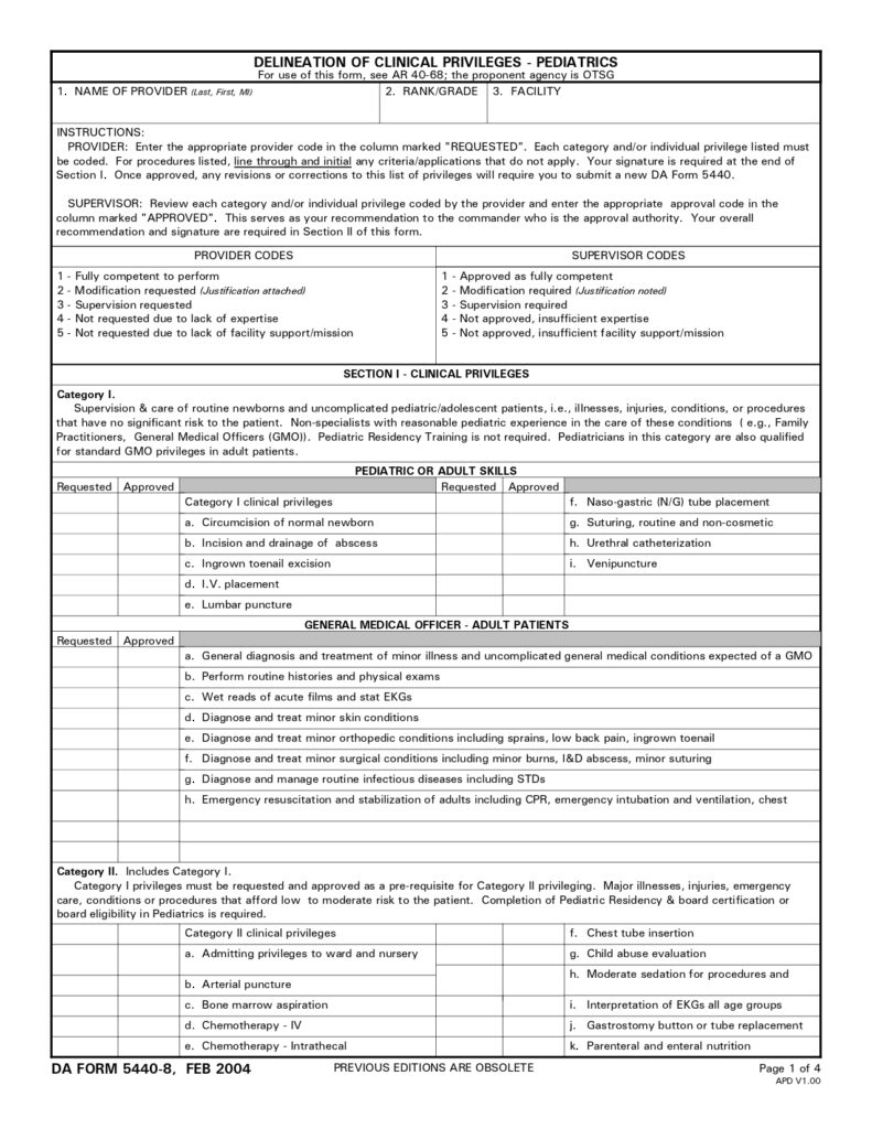 DA FORM 5440-8 - Delineation Of Clinical Privileges-Pediatrics_page-0001