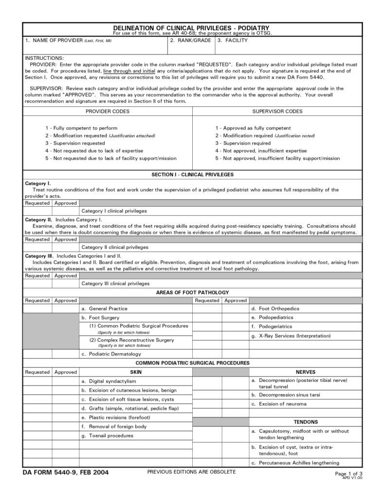 DA FORM 5440-9 - Delineation Of Clinical Privileges-Podiatry_page-0001