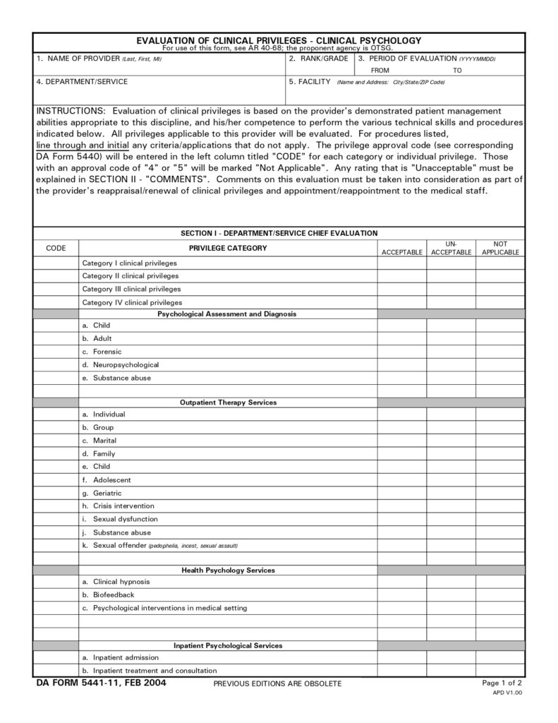 DA FORM 5441-11 - Evaluation Of Clinical Privileges - Clinical Psychology_page-0001