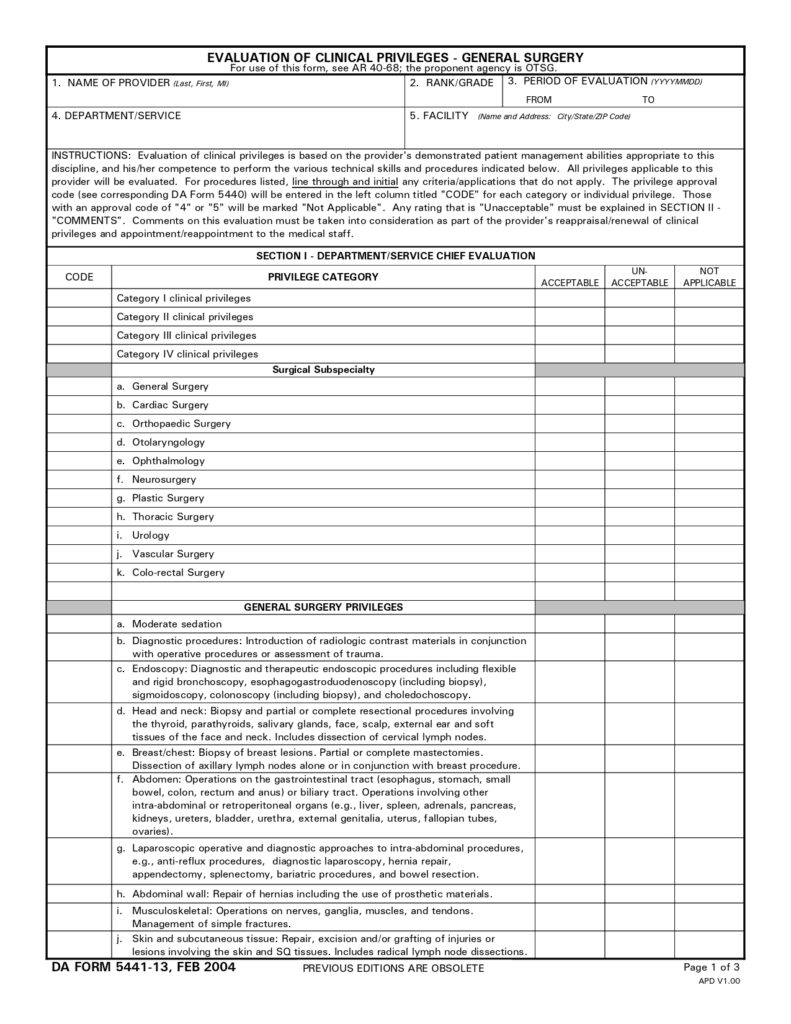 DA FORM 5441-13 - Evaluation Of Clinical Privileges - General Surgery_page-0001