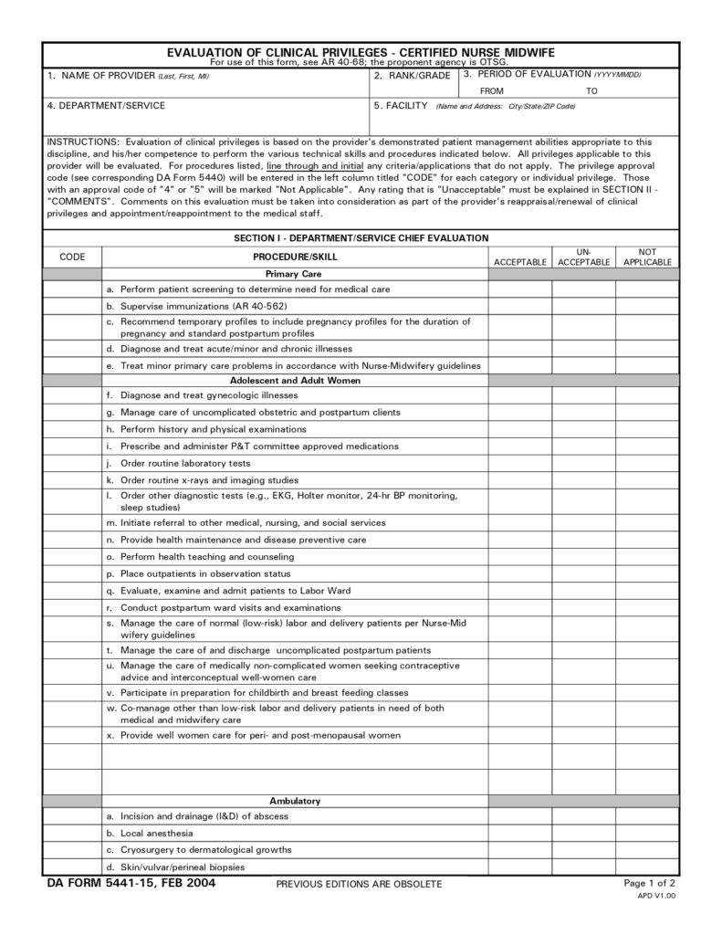 DA FORM 5441-15 - Evaluation Of Clinical Privileges - Certified Nurse Midwife_page-0001