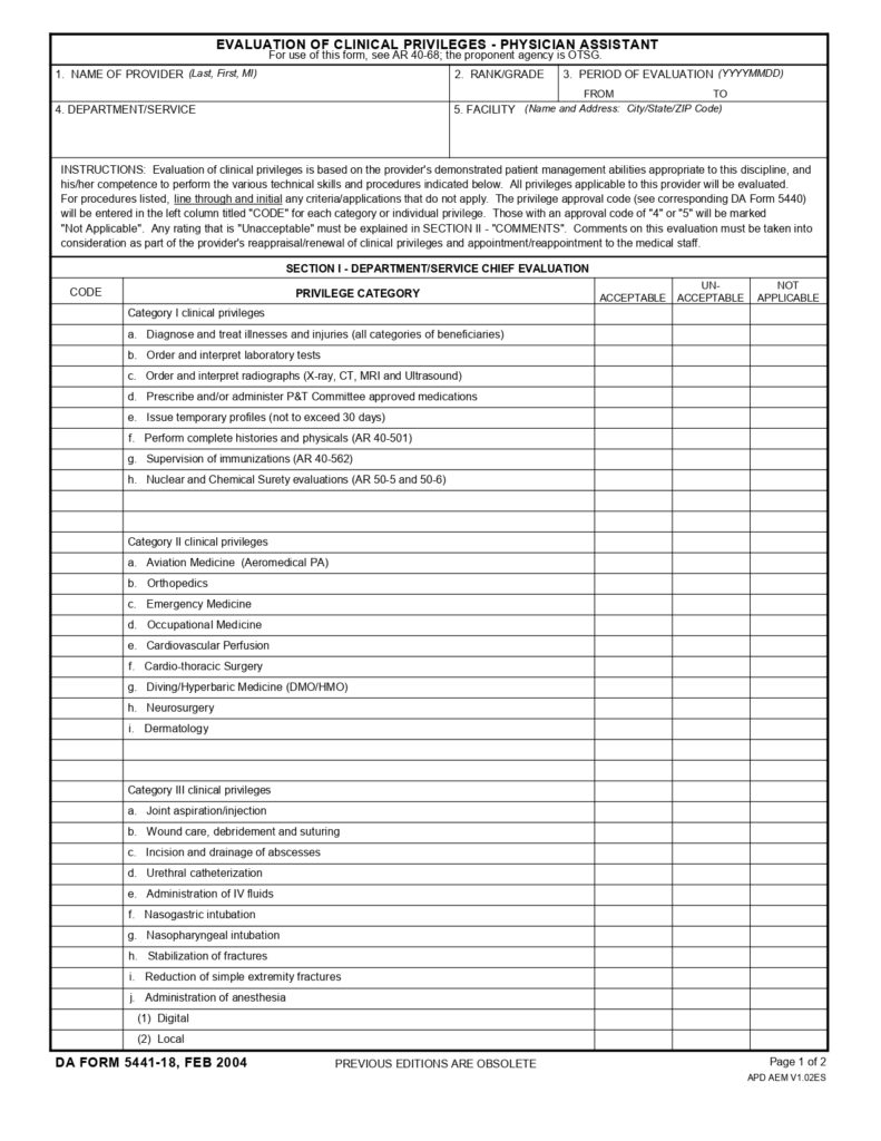 DA FORM 5441-18 - Evaluation Of Clinical Privileges - Physician Assistant_page-0001