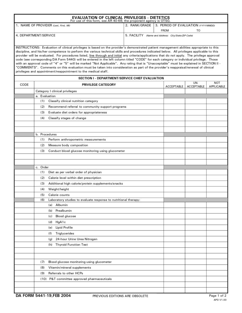 DA FORM 5441-19 - Evaluation Of Clinical Privileges - Dietetics_page-0001