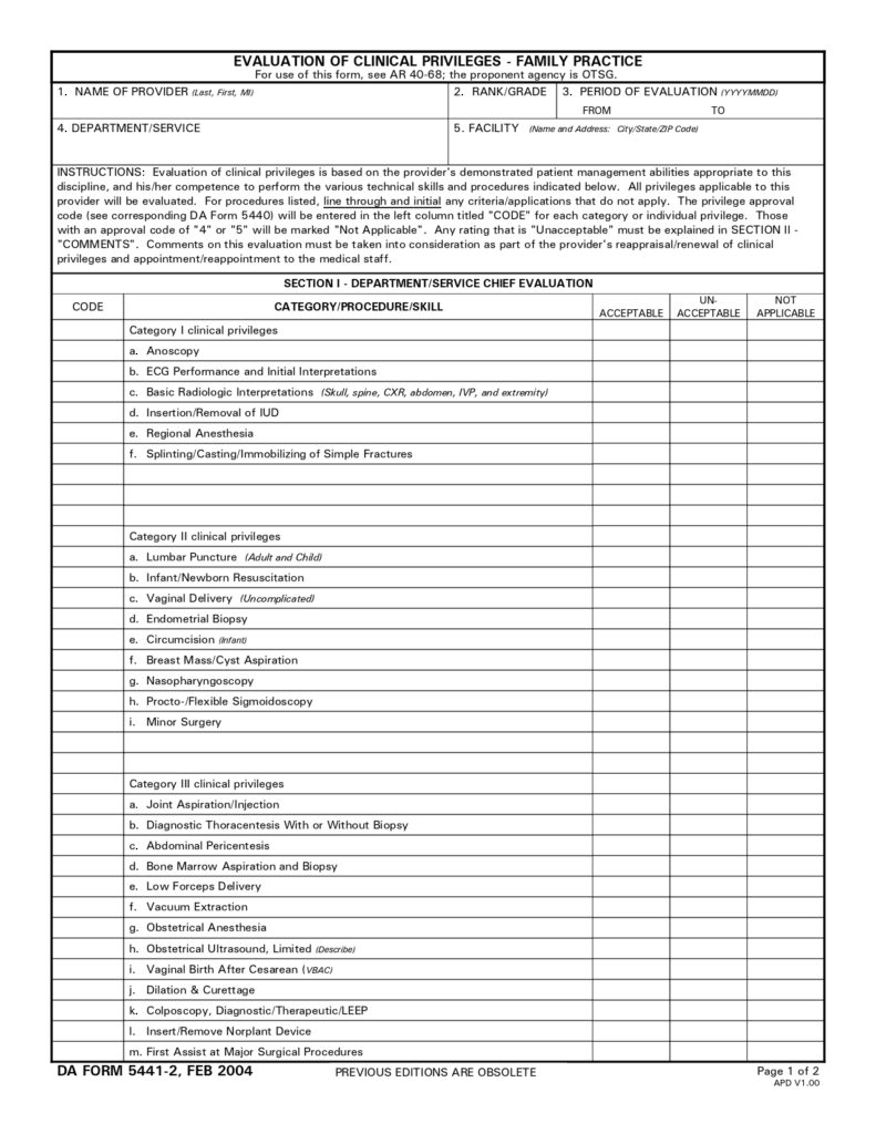 DA FORM 5441-2 - Evaluation Of Clinical Privileges-Family Practice_page-0001