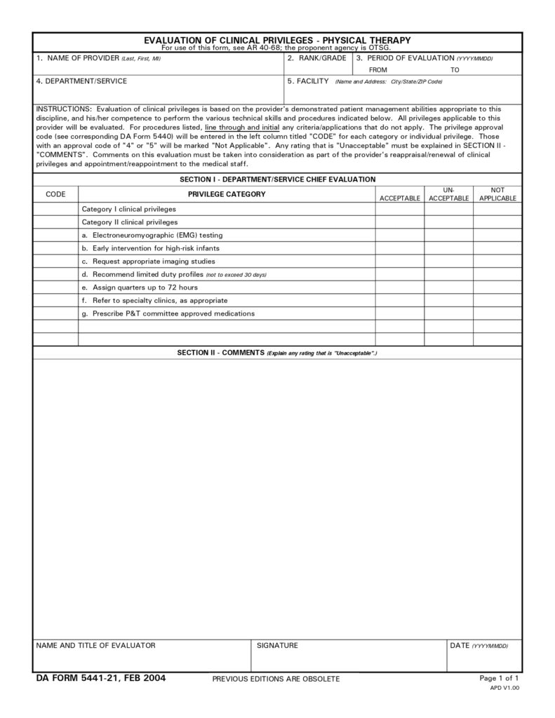 DA FORM 5441-21 - Evaluation Of Clinical Privileges - Physical Therapy_page-0001