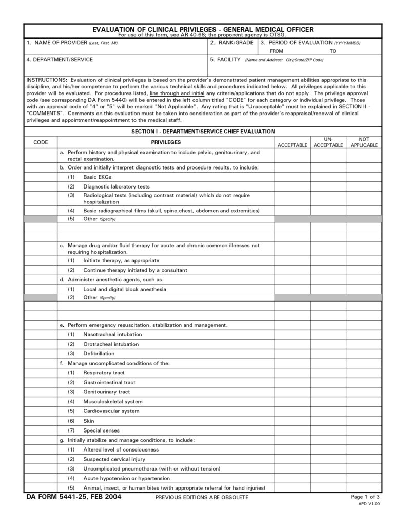 DA FORM 5441-25 - Evaluation Of Clinical Privileges - General Medical Officer_page-0001