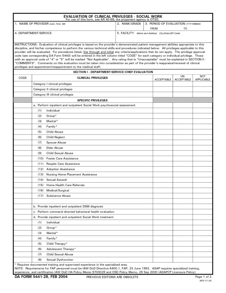 DA FORM 5441-28 - Evaluation Of Clinical Privileges - Social Work_page-0001