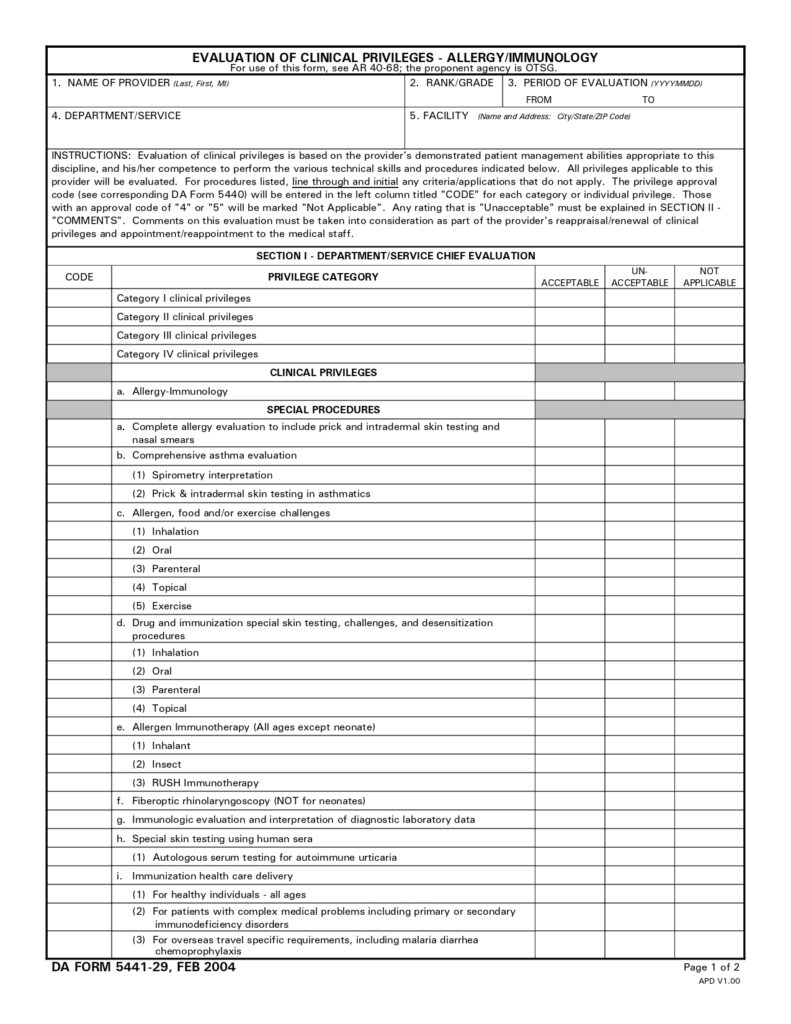 DA FORM 5441-29 - Evaluation Of Clinical Privileges - Allergy-Immunolog_page-0001