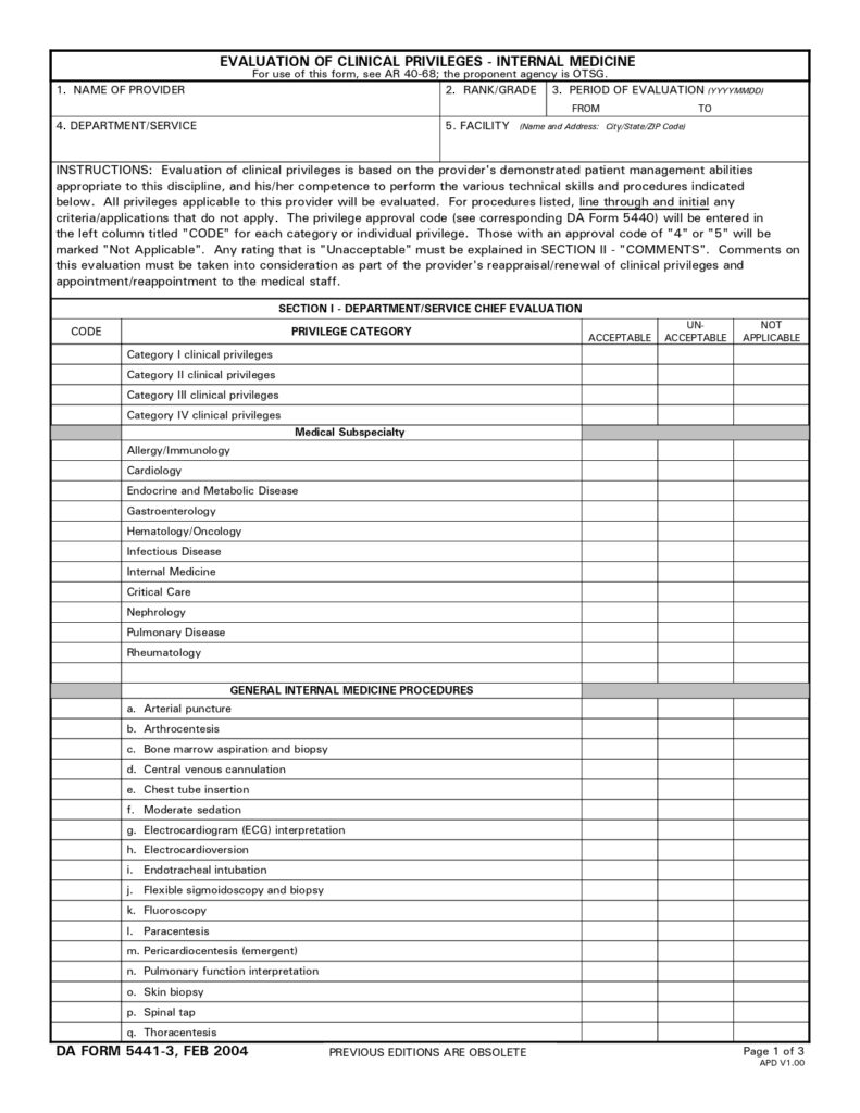 DA FORM 5441-3 - Evaluation Of Clinical Privileges-Internal Medicine_page-0001