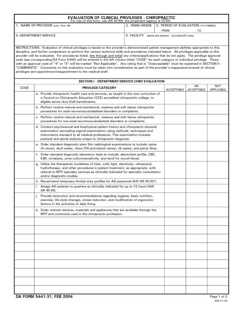 DA FORM 5441-31 - Evaluation Of Clinical Privileges - Chiropractic_page-0001