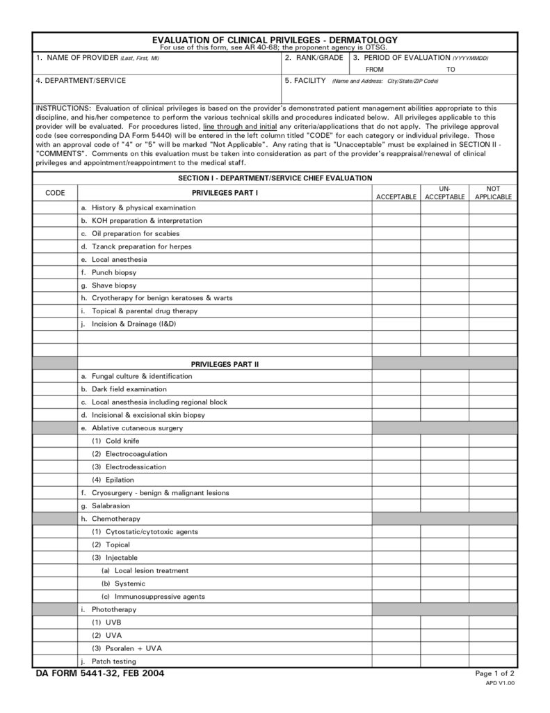 DA FORM 5441-32 - Evaluation Of Clinical Privileges - Dermatology_page-0001