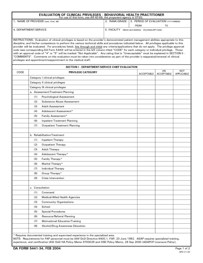 DA FORM 5441-34 - Evaluation Of Clinical Privileges - Behavioral Health Practitioner_page-0001