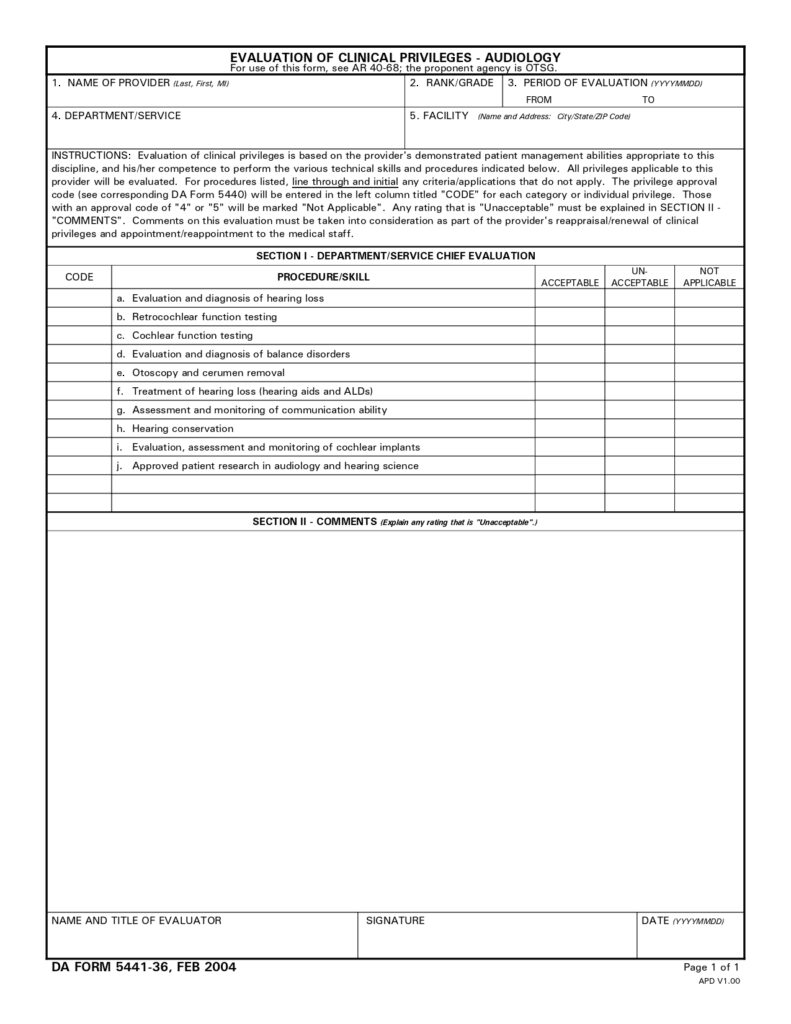 DA FORM 5441-36 - Evaluation Of Clinical Privileges - Audiology_page-0001