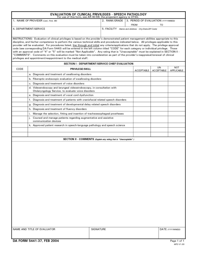 DA FORM 5441-37 - Evaluation Of Clinical Privileges - Speech Pathology_page-0001