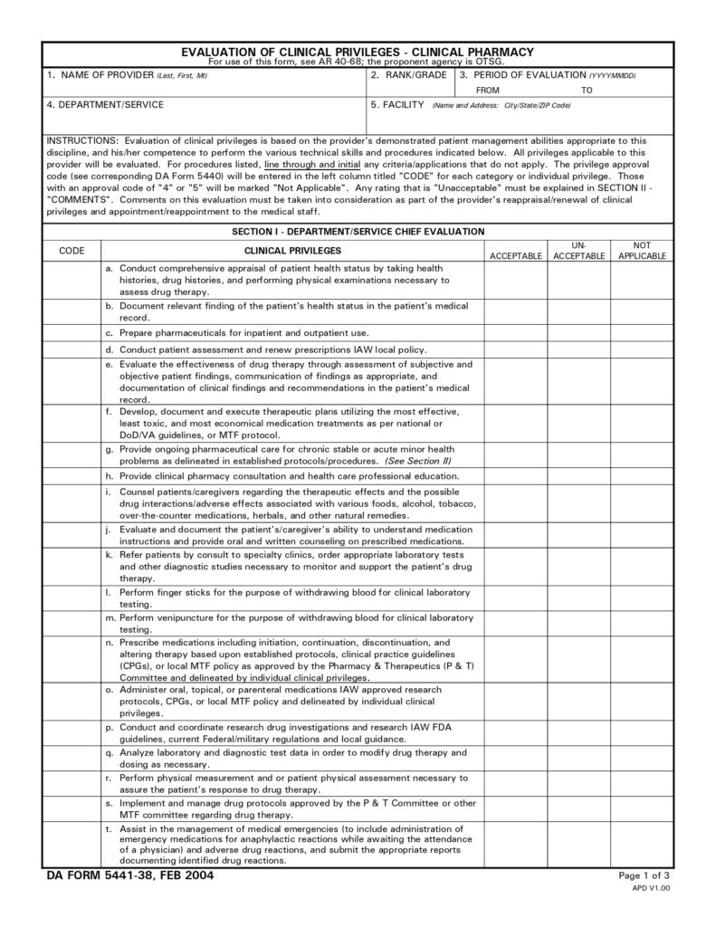 DA FORM 5441-38 - Evaluation Of Clinical Privileges - Clinical Pharmacy_page-0001