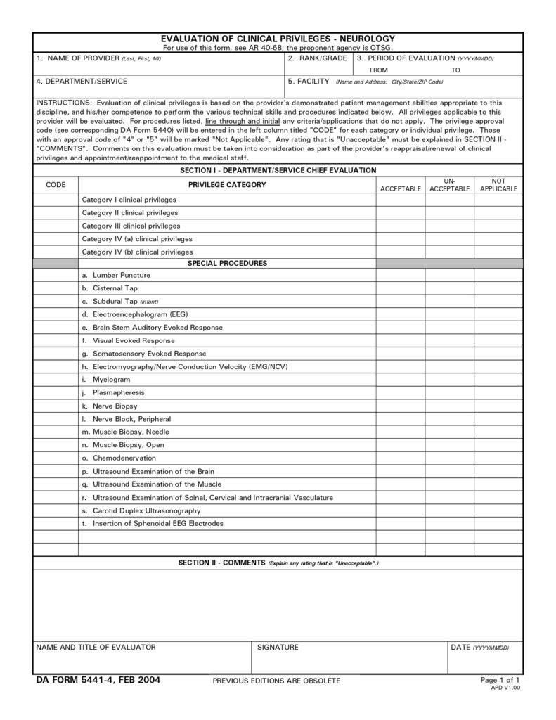 DA FORM 5441-4 - Evaluation Of Clinical Privileges-Neurology_page-0001