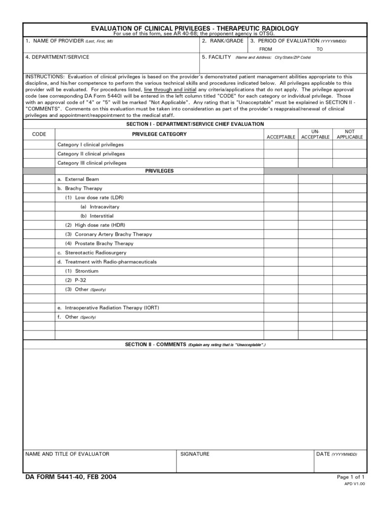 DA FORM 5441-40 - Evaluation Of Clinical Privileges - Therapeutic Radiology_page-0001