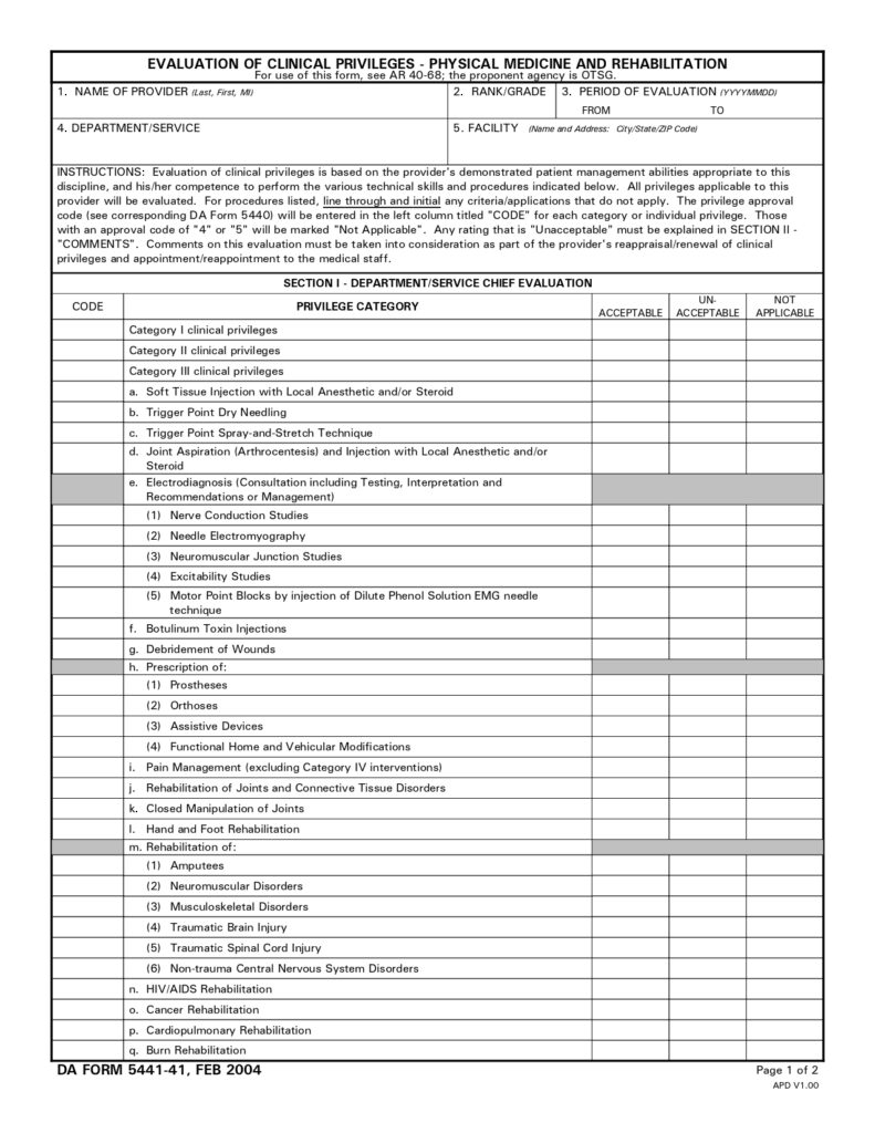 DA FORM 5441-41 - Evaluation Of Clinical Privileges - Physical Medicine And Rehabilitation_page-0001