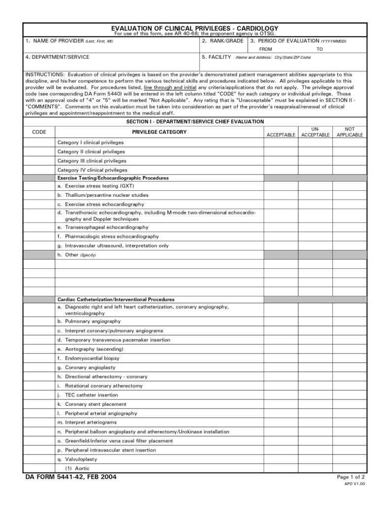 DA FORM 5441-42 - Evaluation Of Clinical Privileges - Cardiology_page-0001