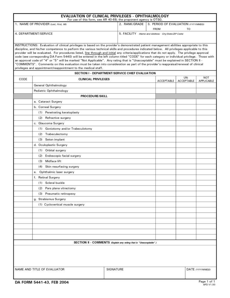 DA FORM 5441-43 - Evaluation Of Clinical Privileges - Ophthalmology_page-0001