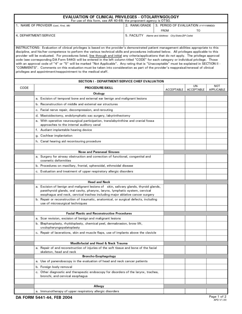 DA FORM 5441-44 - Evaluation Of Clinical Privileges - Otolaryngology_page-0001