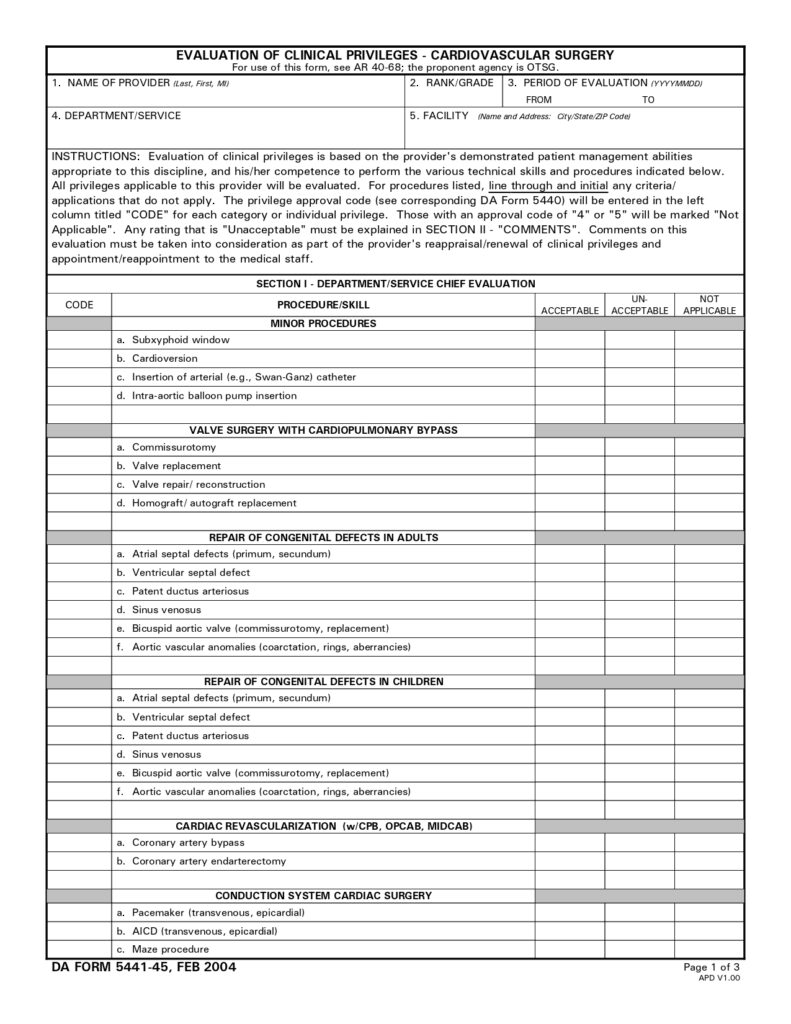 DA FORM 5441-45 - Evaluation Of Clinical Privileges - Cardiovascular Surgery_page-0001