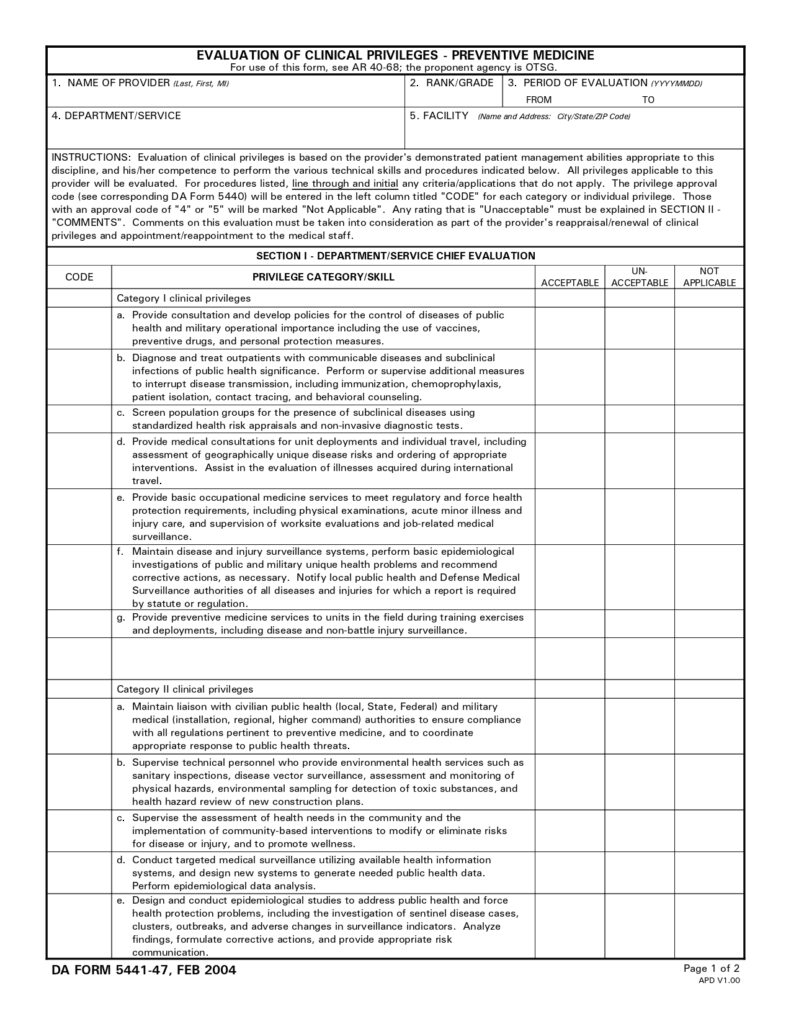 DA FORM 5441-47 - Evaluation Of Clinical Privileges - Preventive Medicine_page-0001