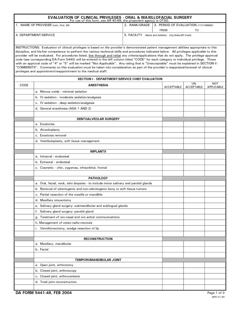 DA FORM 5441-48 - Evaluation Of Clinical Privileges - Oral & Maxillofacial Surgery_page-0001