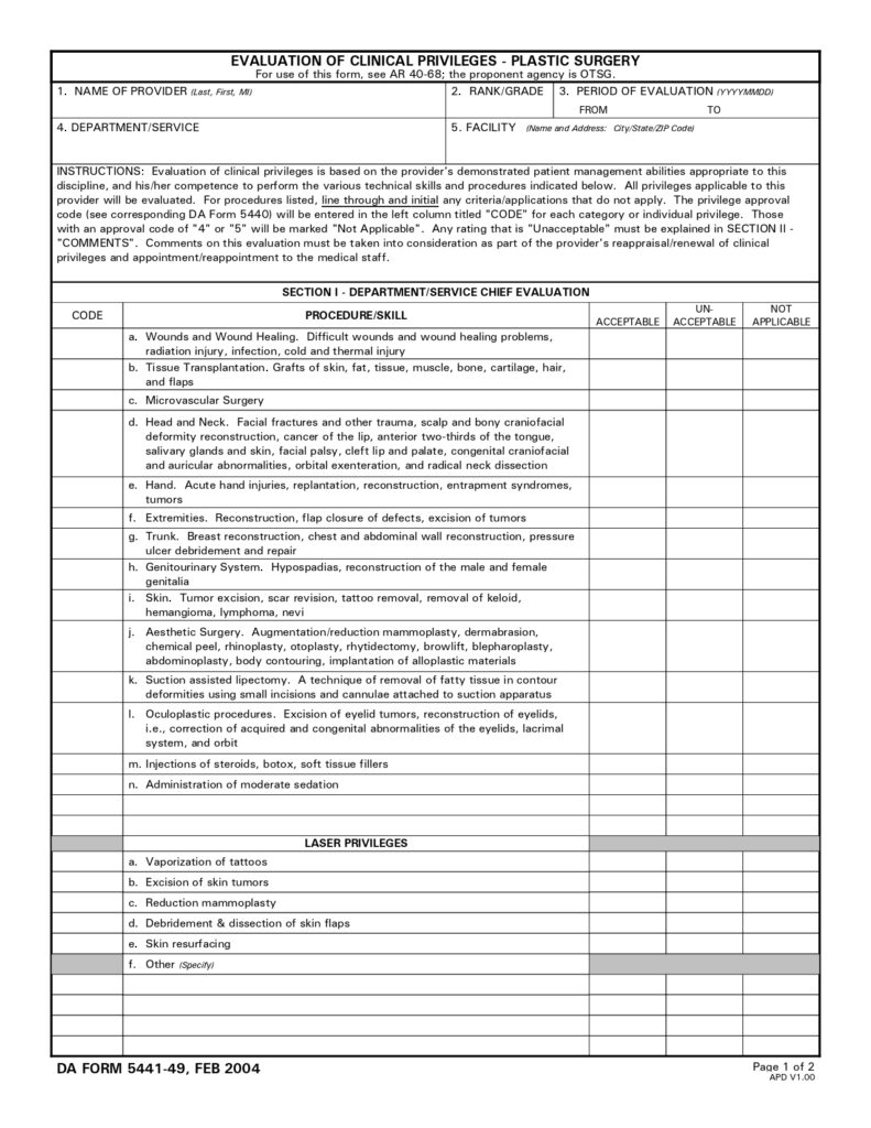 DA FORM 5441-49 - Evaluation Of Clinical Privileges - Plastic Surgery_page-0001