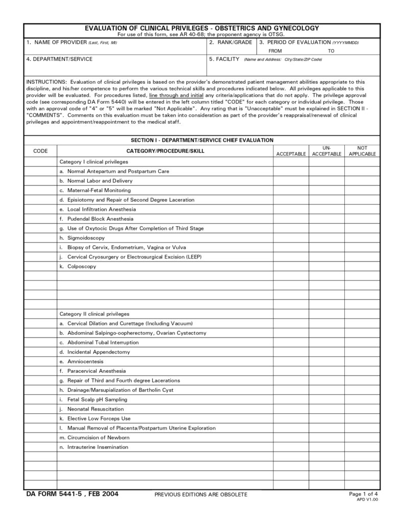 DA FORM 5441-5 - Evaluation Of Clinical Privileges-Obstetrics And Gynecology_page-0001