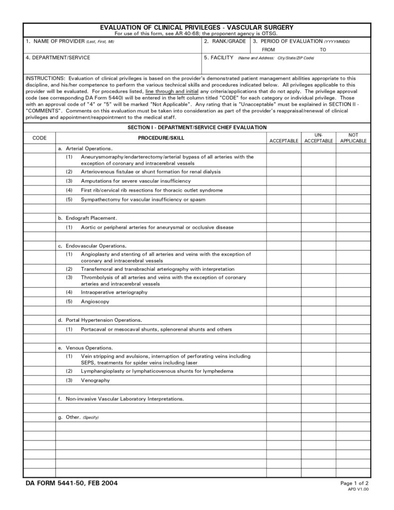 DA FORM 5441-50 - Evaluation Of Clinical Privileges - Vascular Surgery_page-0001