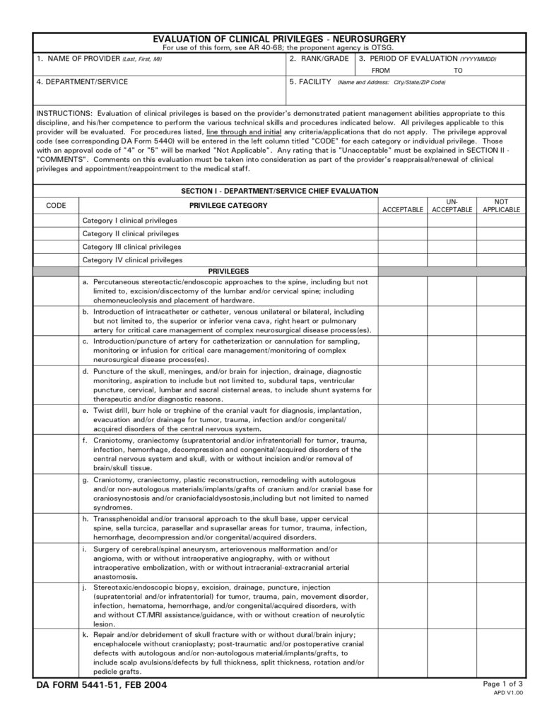 DA FORM 5441-51 - Evaluation Of Clinical Privileges - Neurosurgery_page-0001